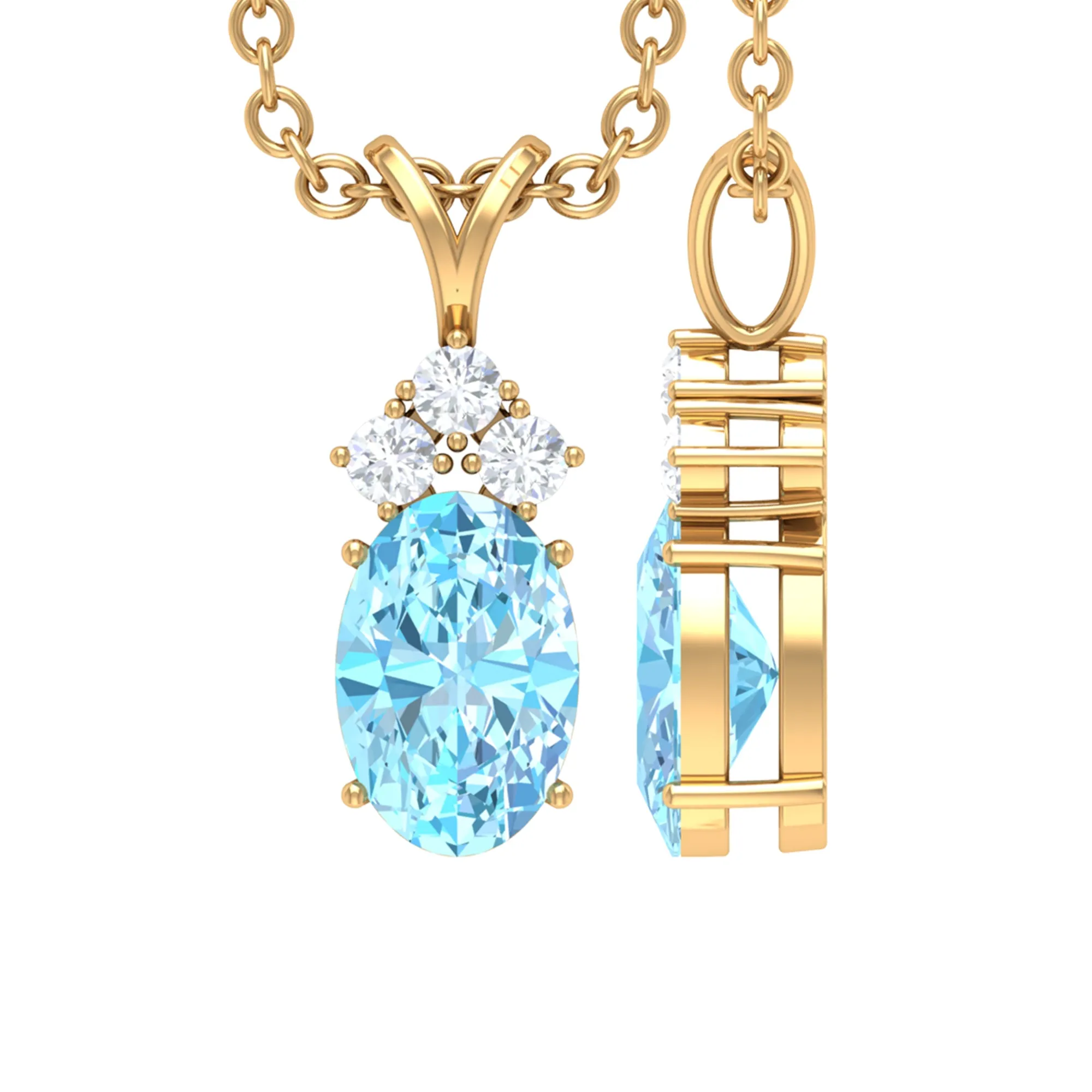 Oval Cut Aquamarine Pendant with Diamond Trio