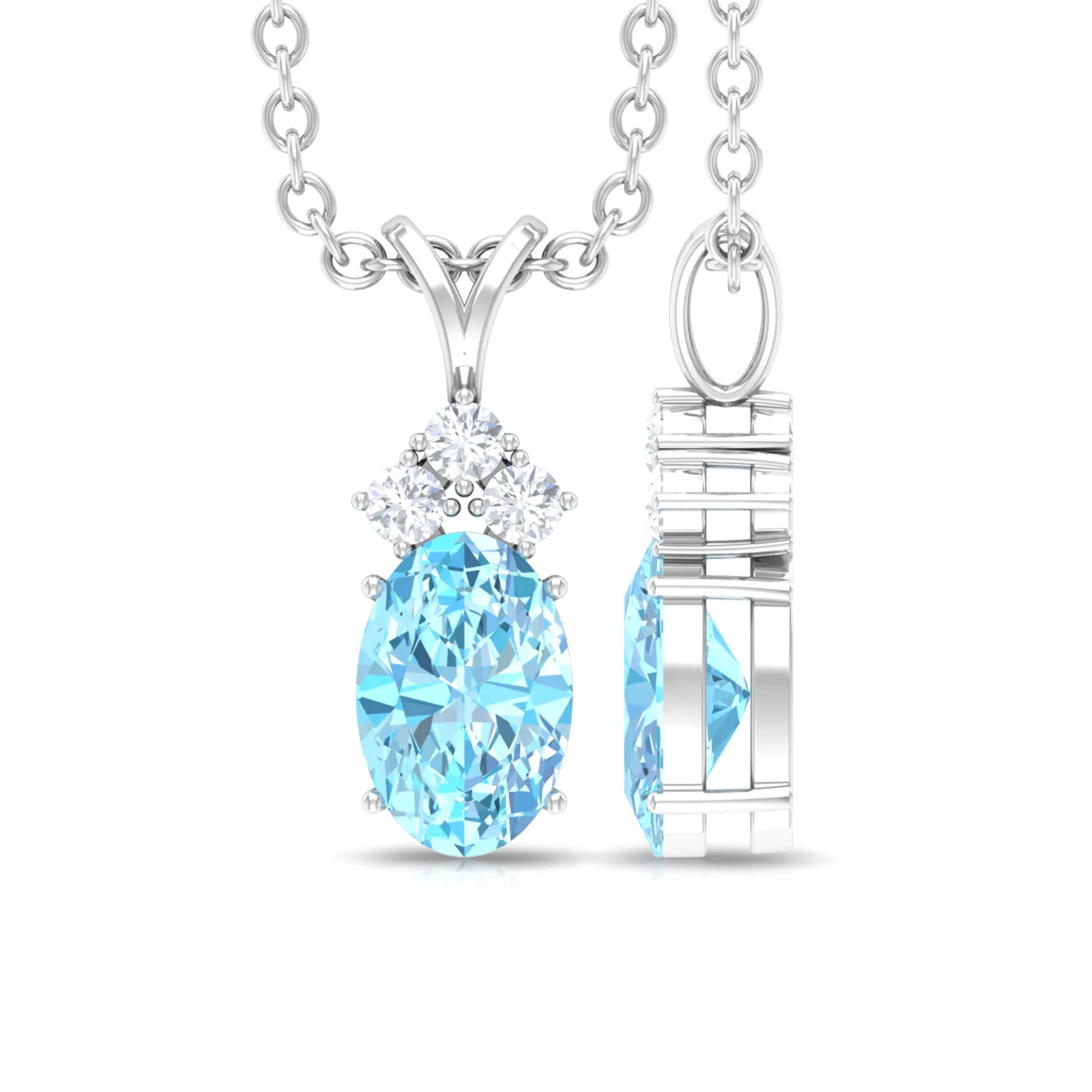 Oval Cut Aquamarine Pendant with Diamond Trio