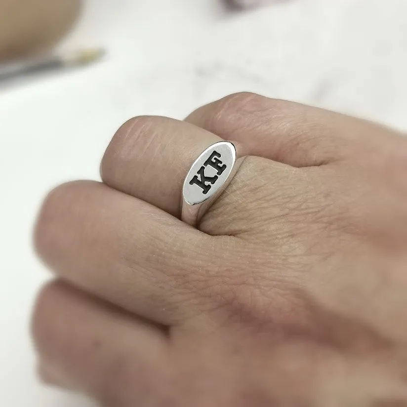Oval Initial Silver Signet Ring