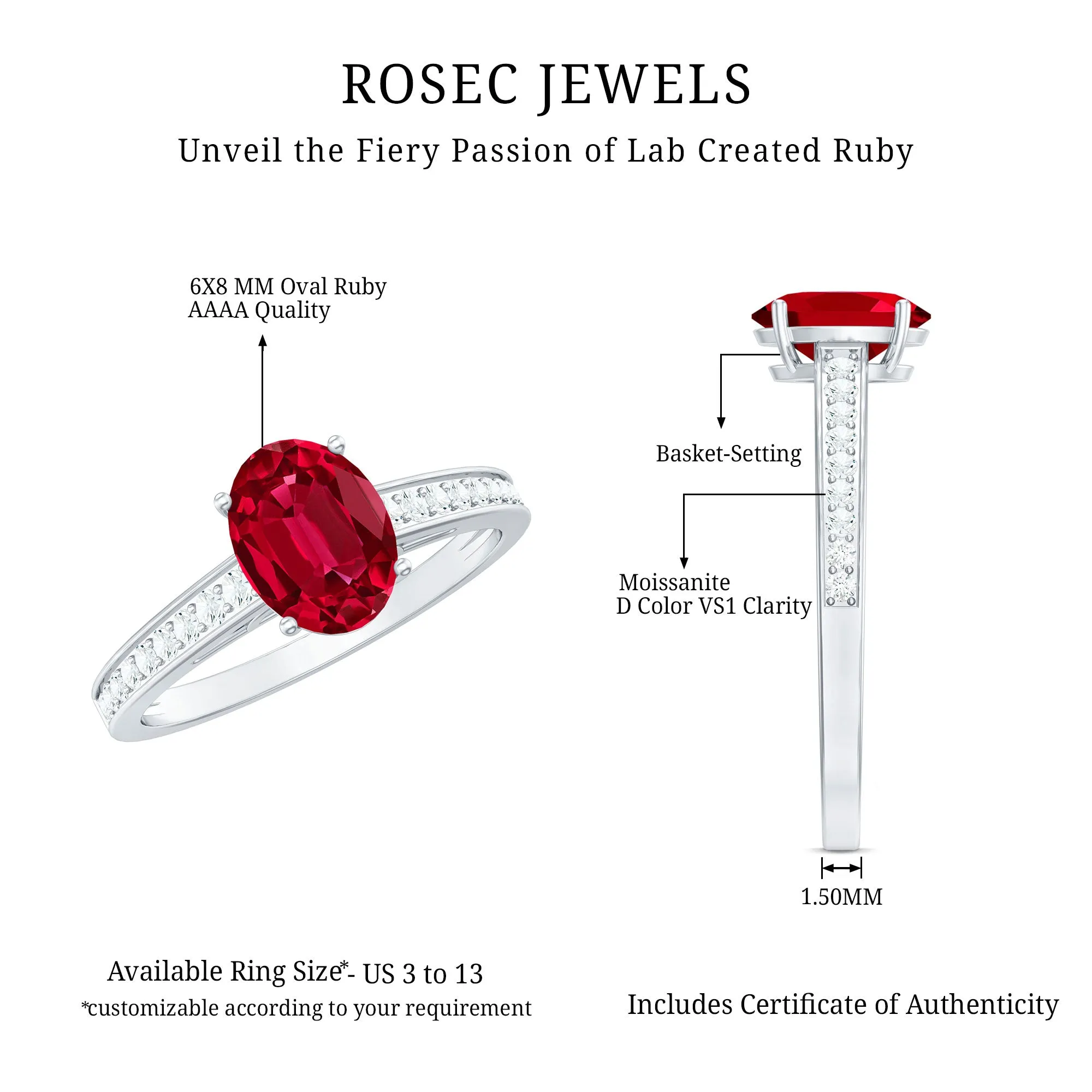 Oval Lab Grown Ruby Solitaire Ring with Moissanite Side Stones
