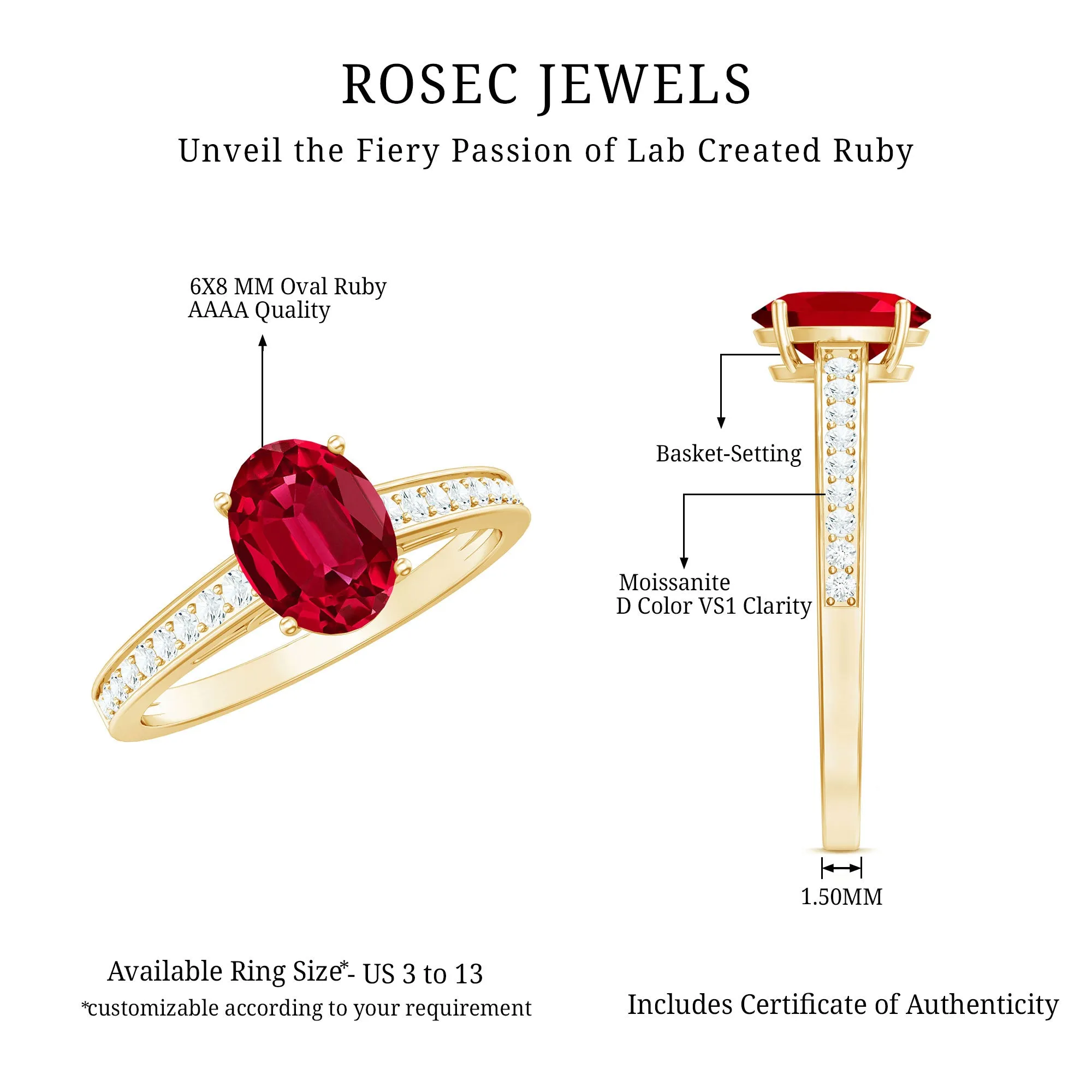 Oval Lab Grown Ruby Solitaire Ring with Moissanite Side Stones