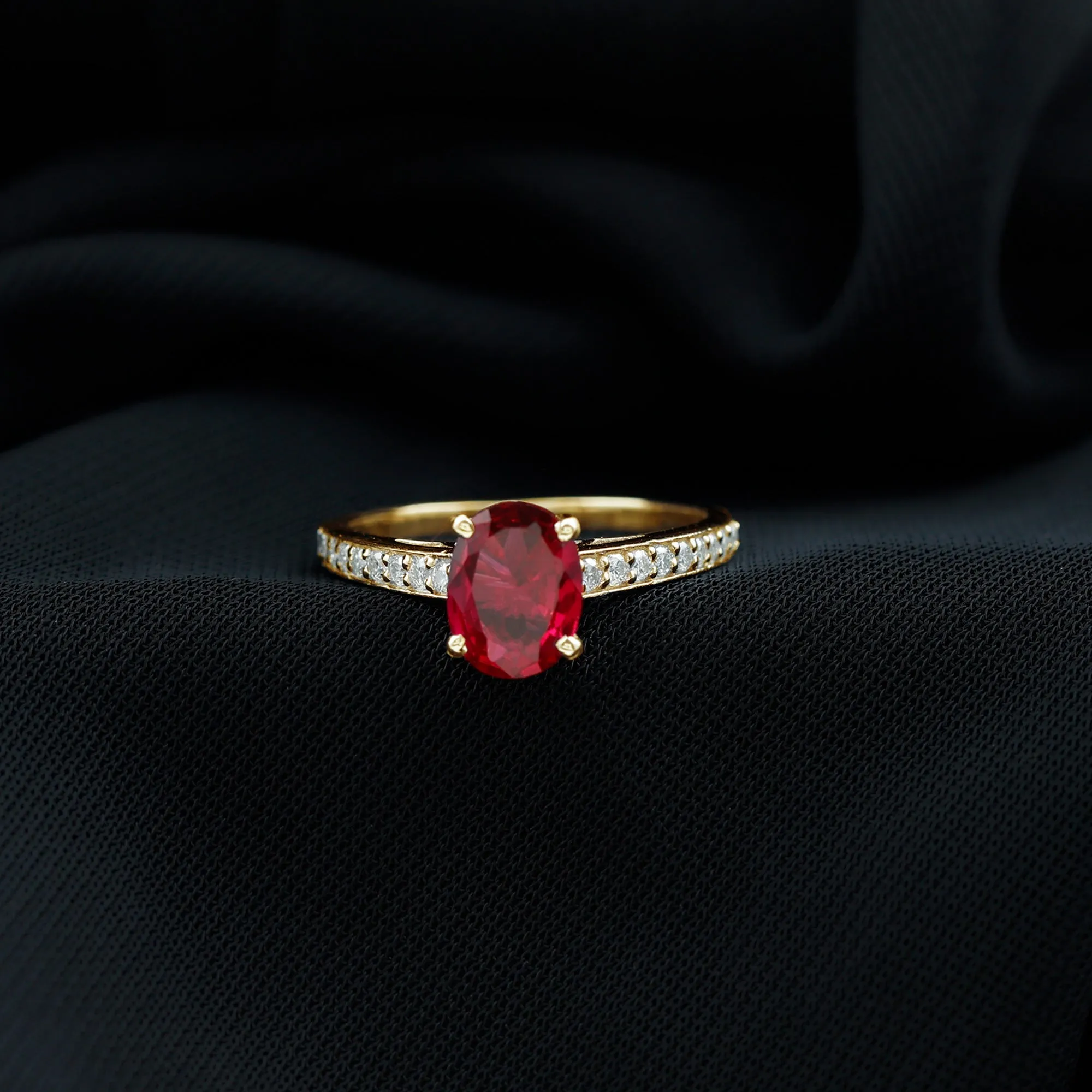 Oval Lab Grown Ruby Solitaire Ring with Moissanite Side Stones