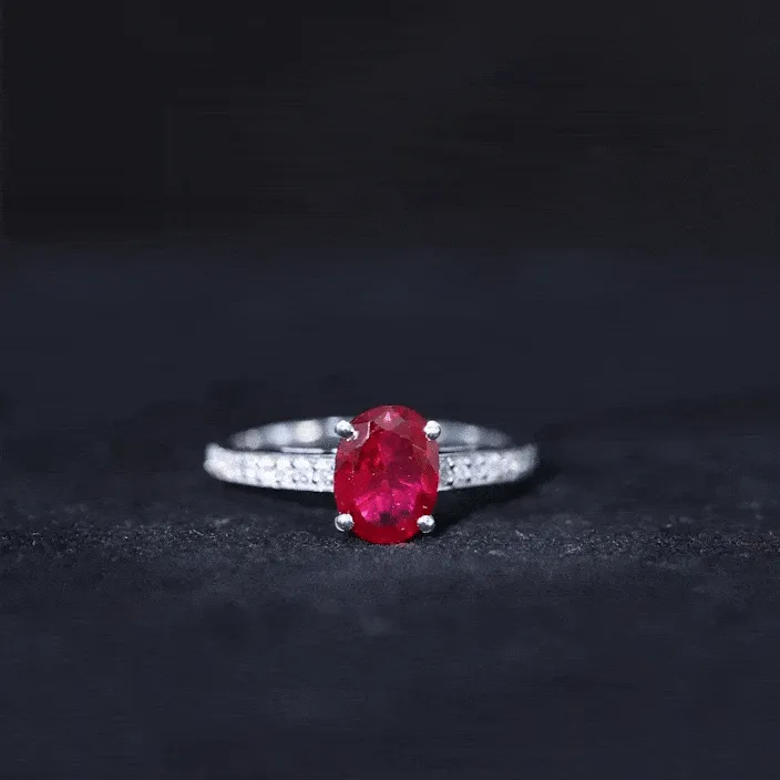 Oval Lab Grown Ruby Solitaire Ring with Moissanite Side Stones
