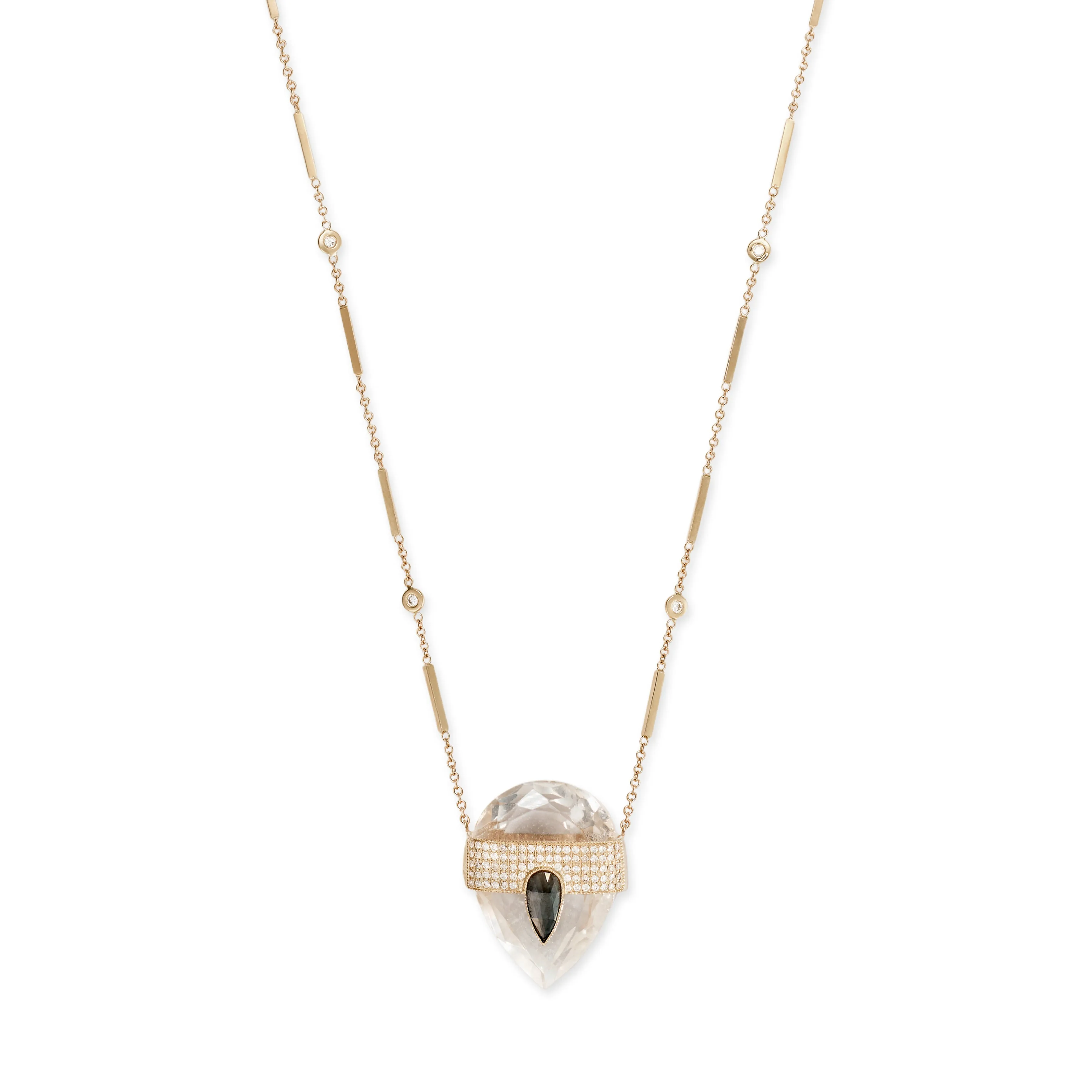 PAVE TEARDROP RAW DIAMOND CAP   FACETED CLEAR QUARTZ TEARDROP CRYSTAL NECKLACE