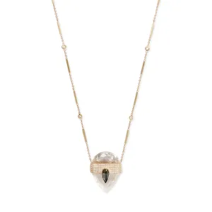 PAVE TEARDROP RAW DIAMOND CAP   FACETED CLEAR QUARTZ TEARDROP CRYSTAL NECKLACE