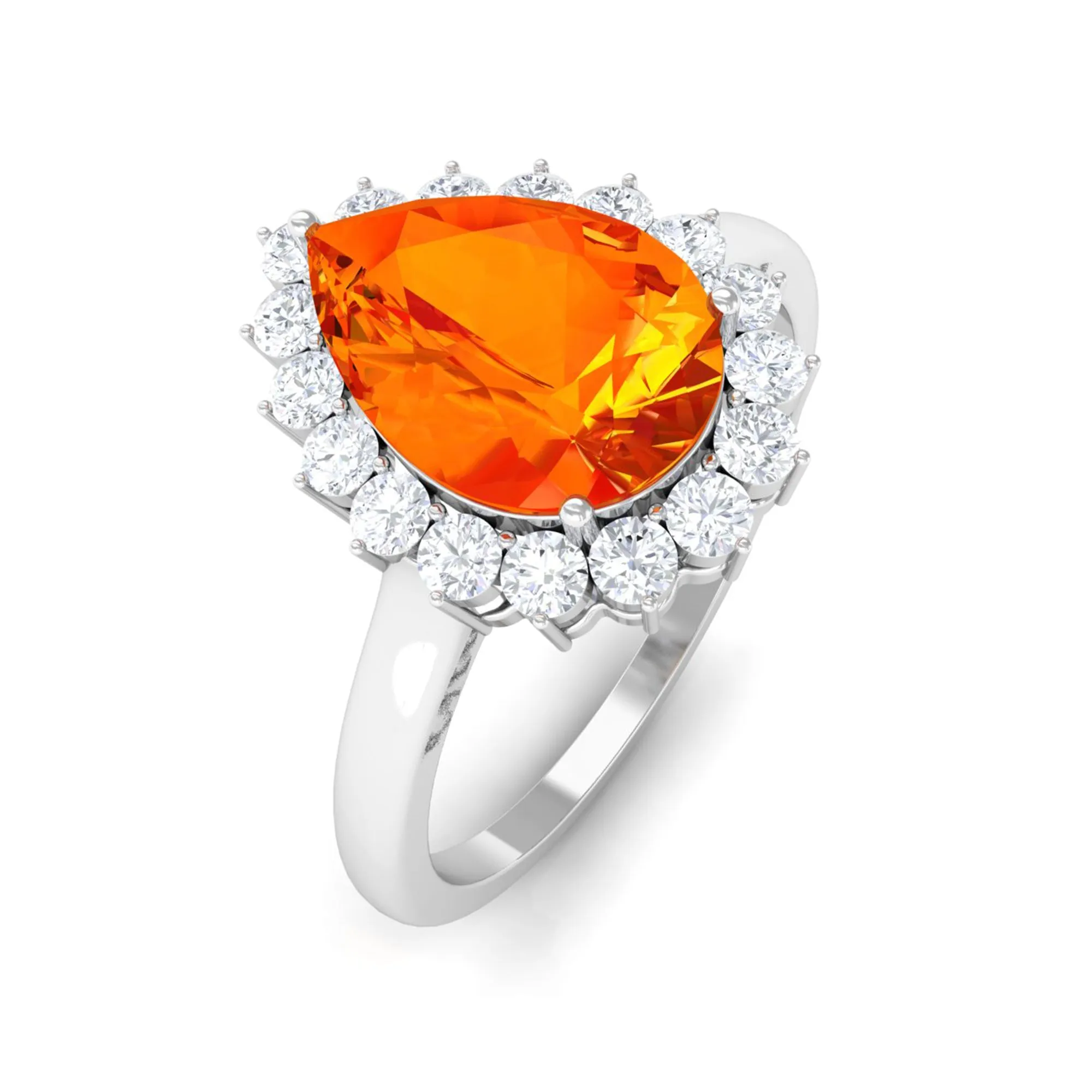Pear Cut Created Orange Sapphire and Diamond Halo Engagement Ring
