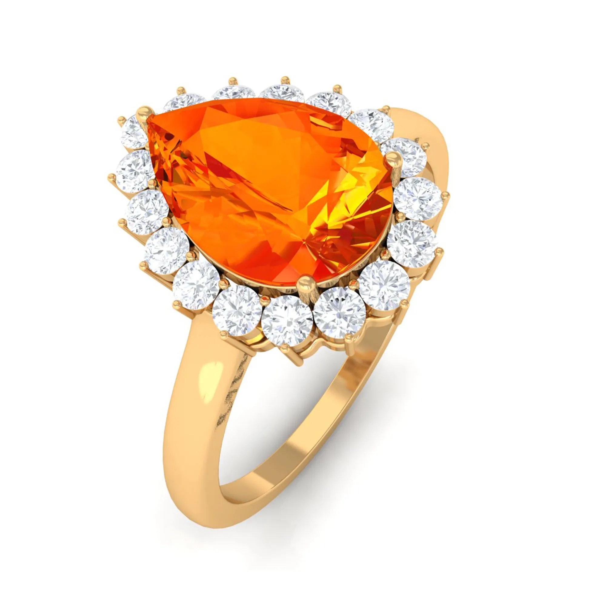 Pear Cut Created Orange Sapphire and Diamond Halo Engagement Ring