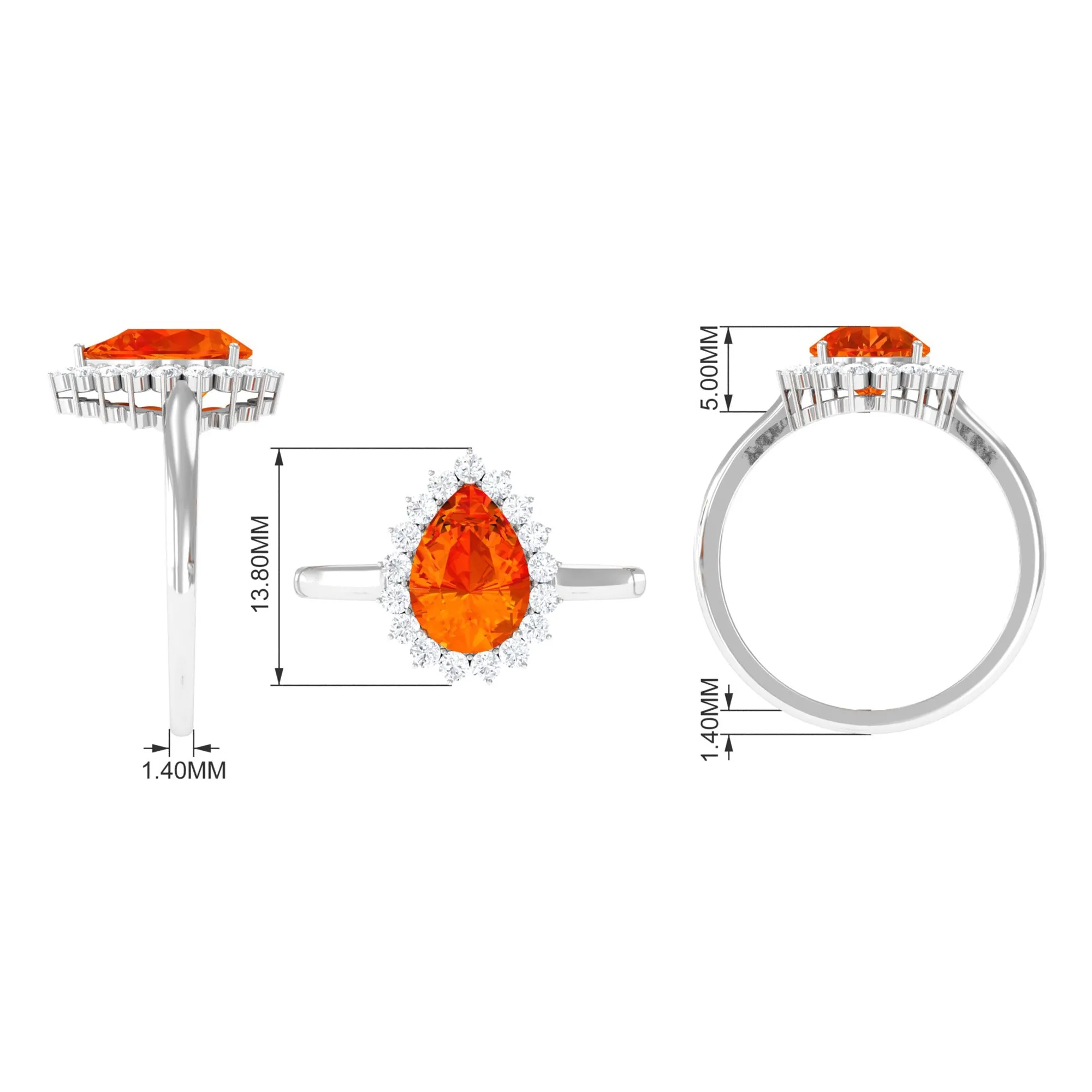 Pear Cut Created Orange Sapphire and Diamond Halo Engagement Ring