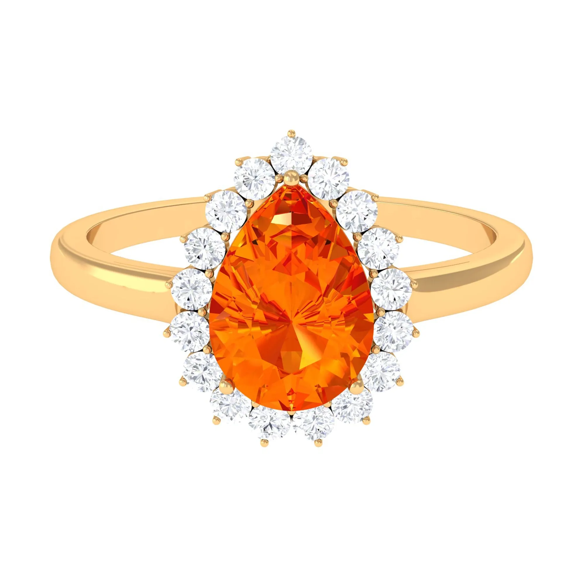Pear Cut Created Orange Sapphire and Diamond Halo Engagement Ring