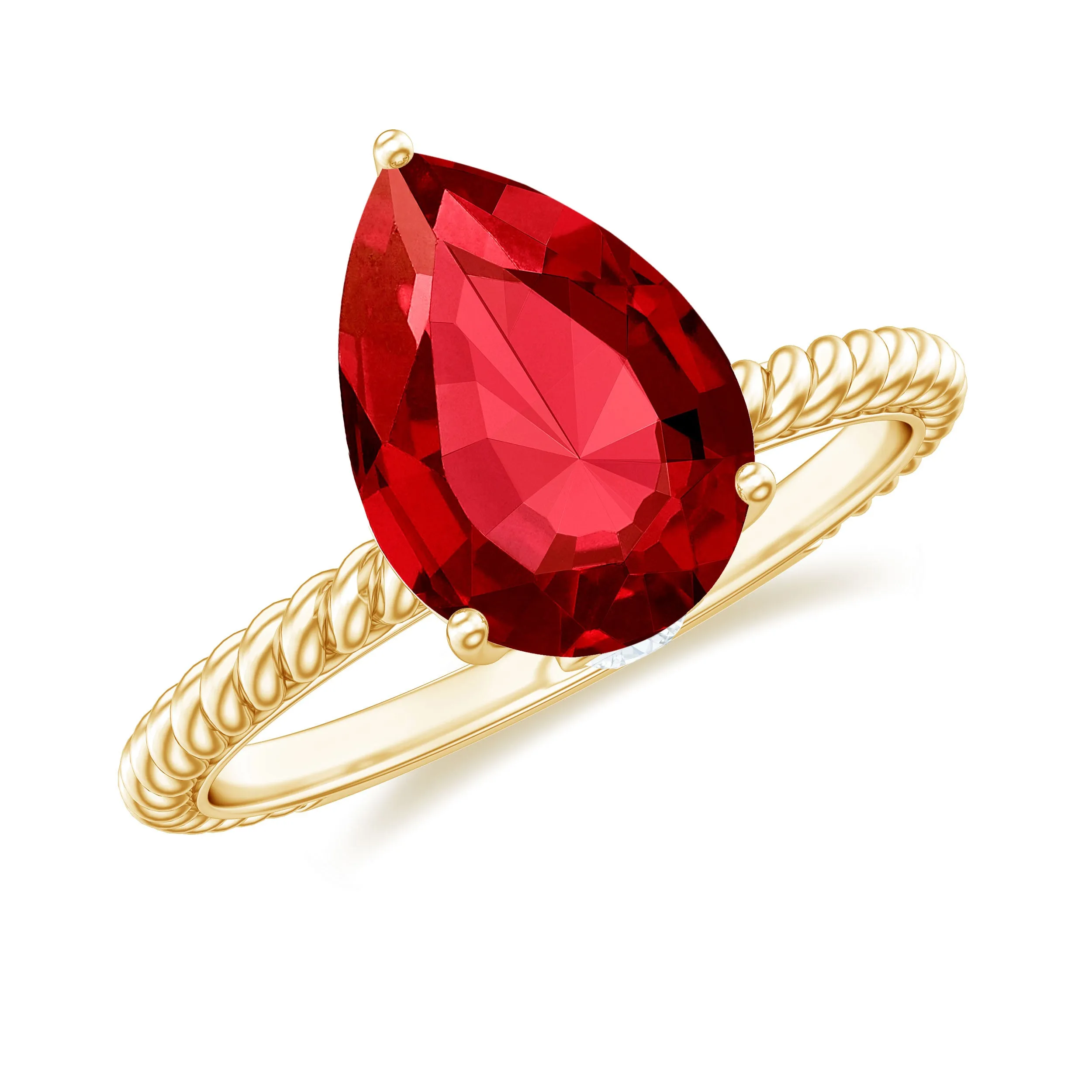 Pear Cut Created Ruby Solitaire Ring with Hidden Moissanite