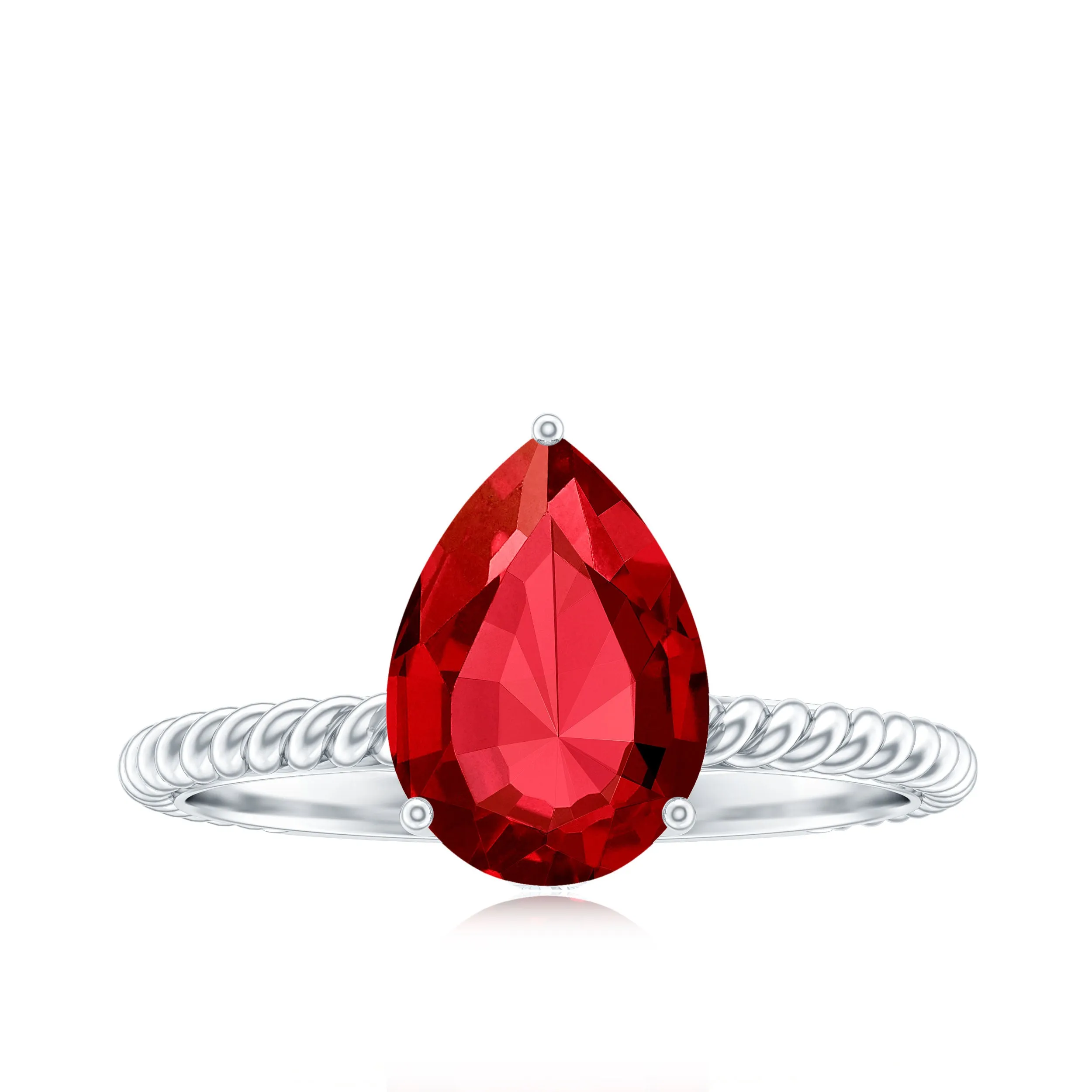 Pear Cut Created Ruby Solitaire Ring with Hidden Moissanite