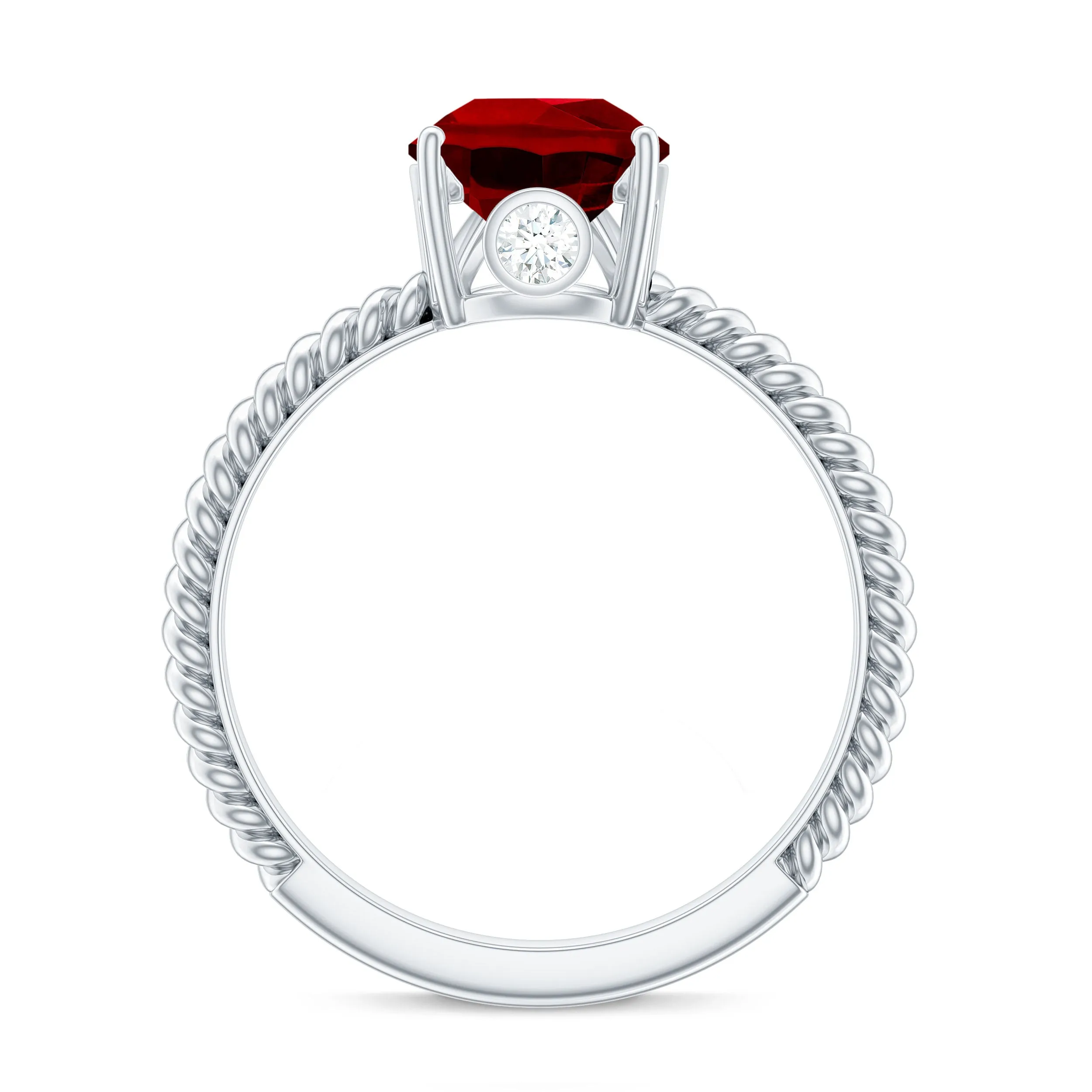 Pear Cut Created Ruby Solitaire Ring with Hidden Moissanite