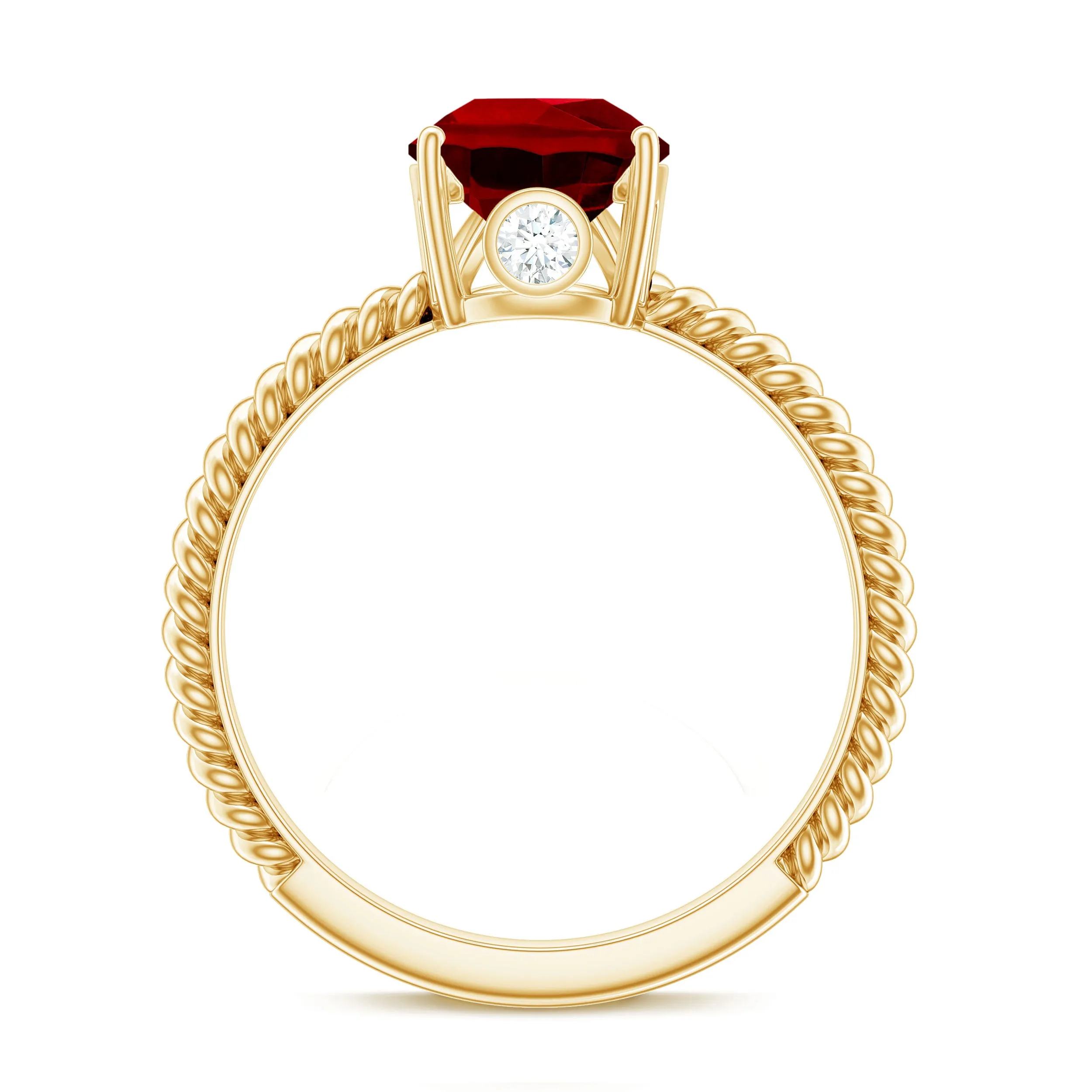 Pear Cut Created Ruby Solitaire Ring with Hidden Moissanite