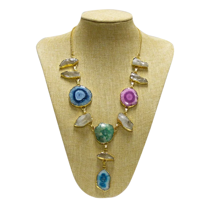 Pink Blue Green Solar Quartz Crystal Necklace