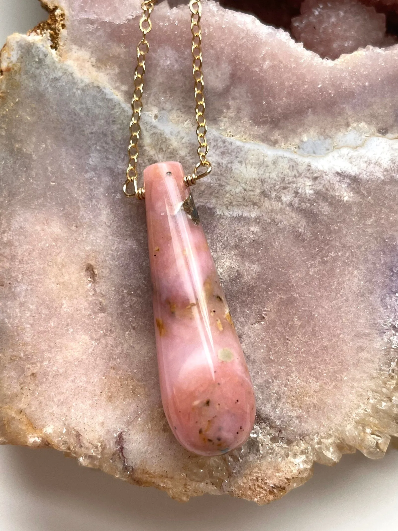 Pink Opal Pendant Necklace 16” Gold Filled Chain