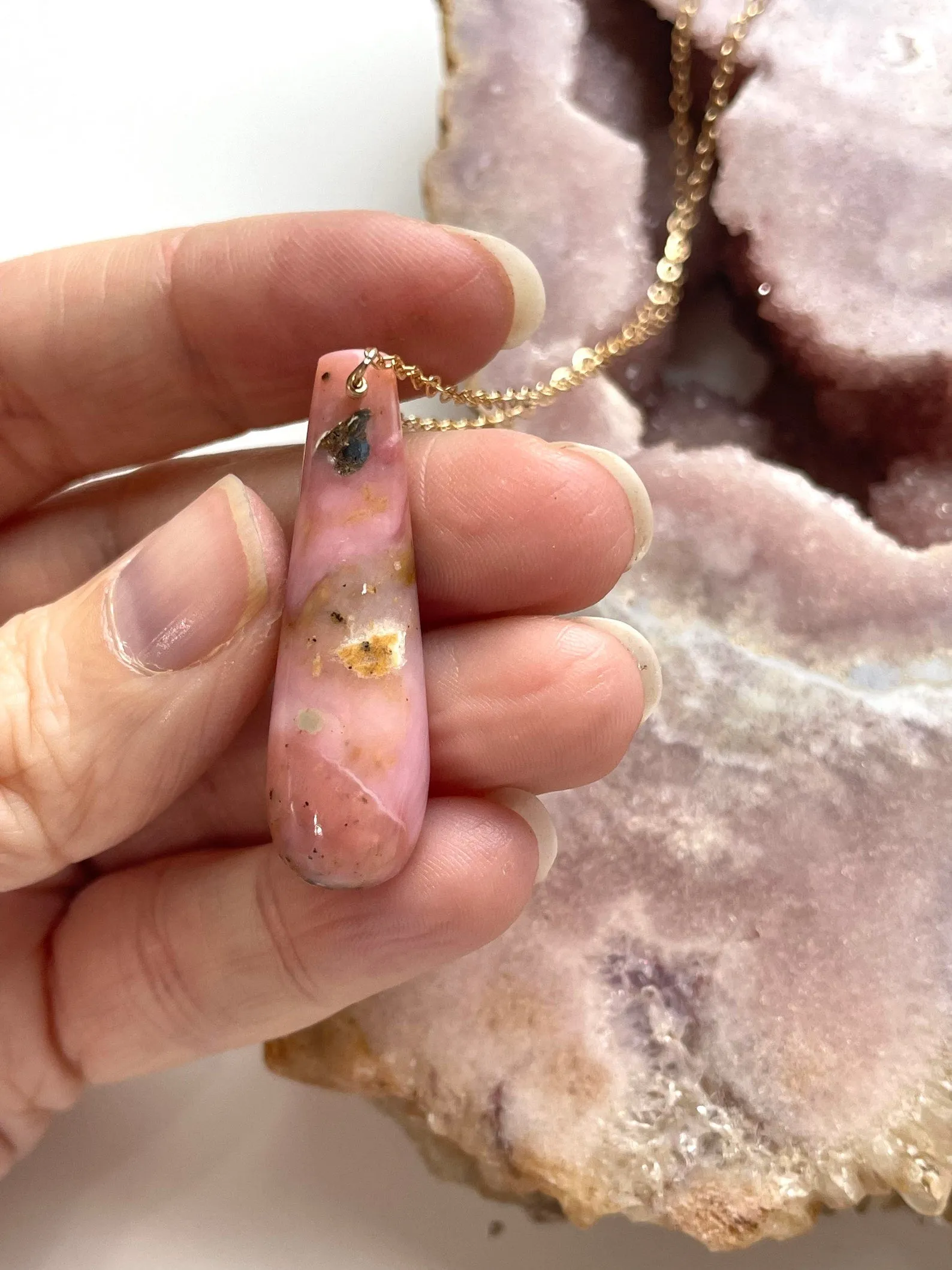 Pink Opal Pendant Necklace 16” Gold Filled Chain