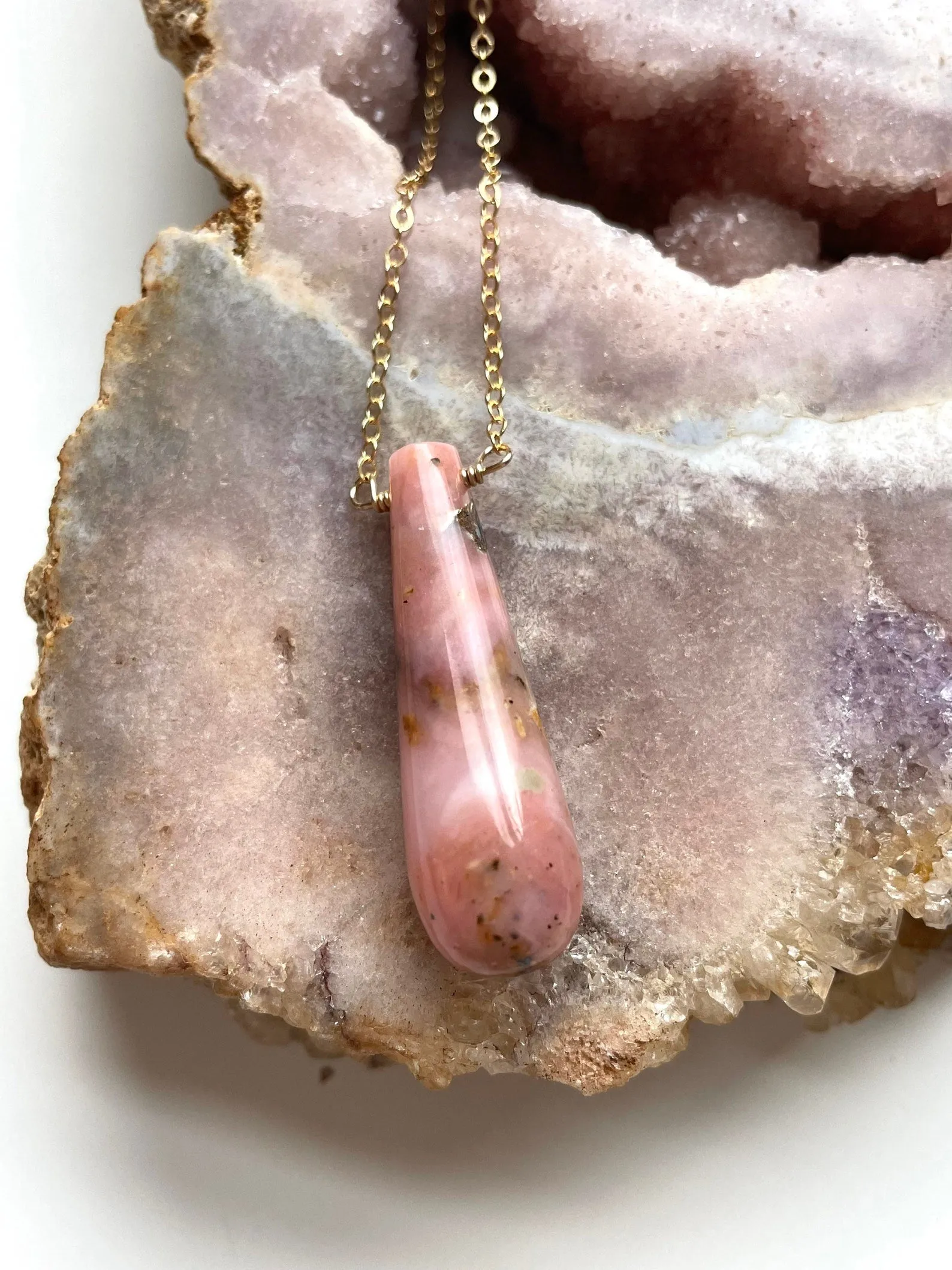 Pink Opal Pendant Necklace 16” Gold Filled Chain
