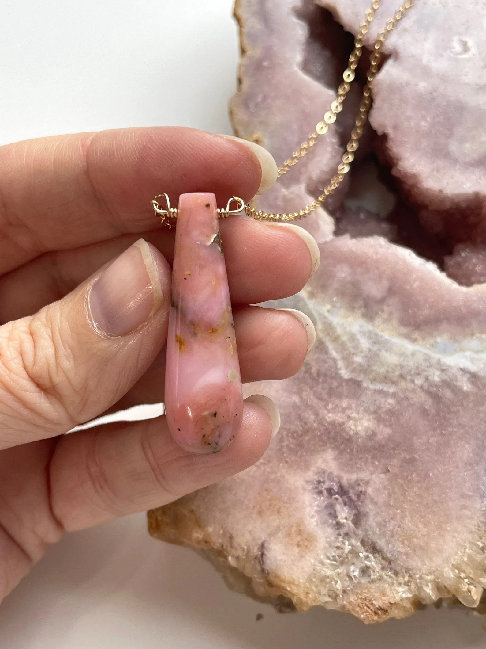 Pink Opal Pendant Necklace 16” Gold Filled Chain