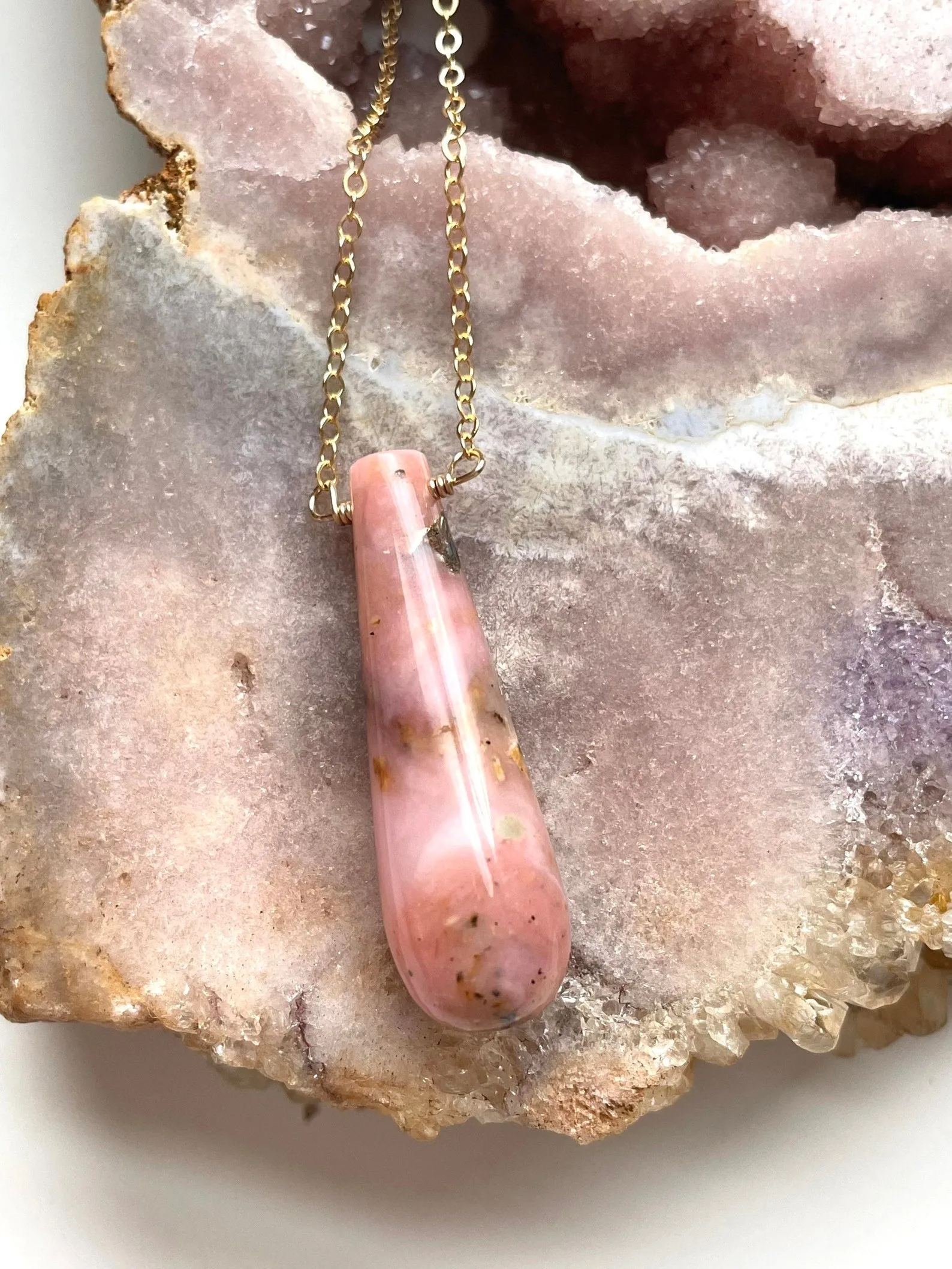 Pink Opal Pendant Necklace 16” Gold Filled Chain