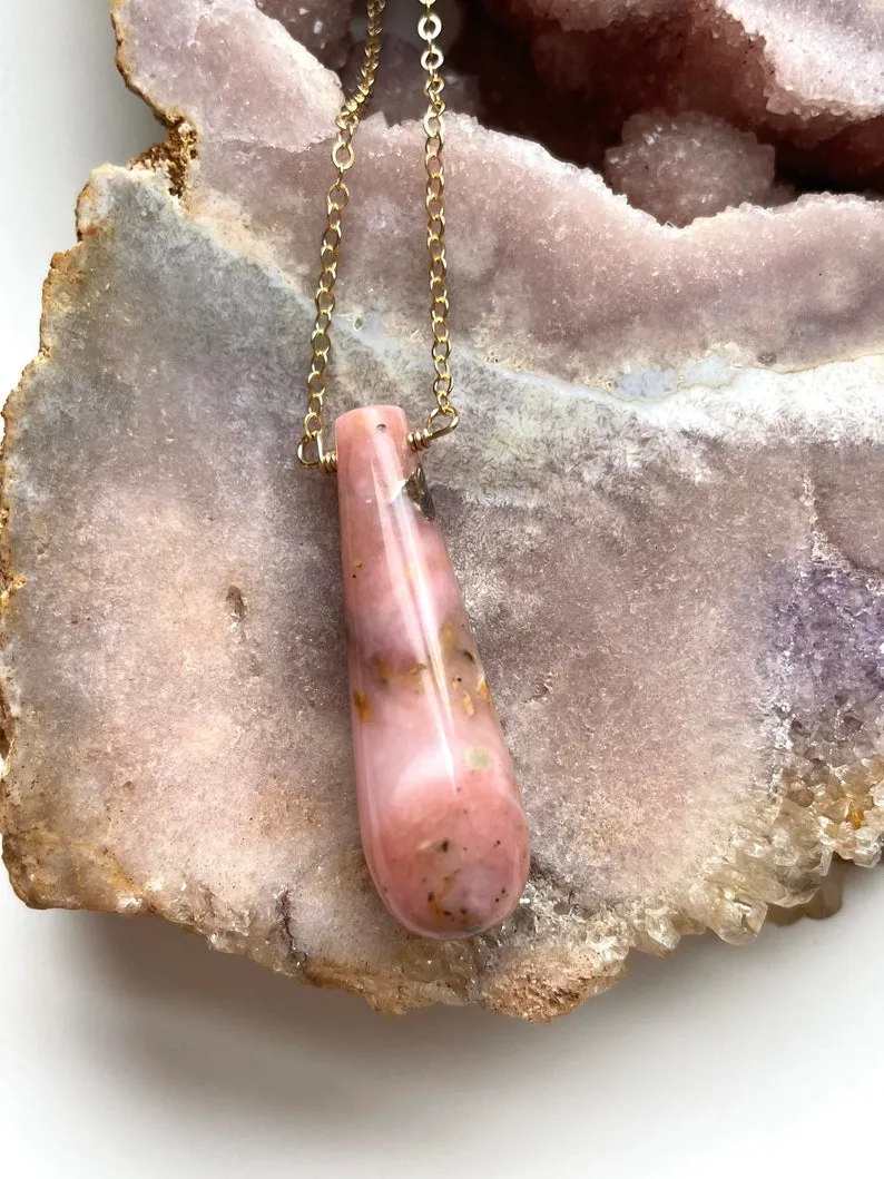 Pink Opal Pendant Necklace 16” Gold Filled Chain