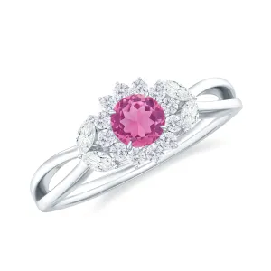 Pink Tourmaline and Diamond Flower Engagement Ring with Split Shank