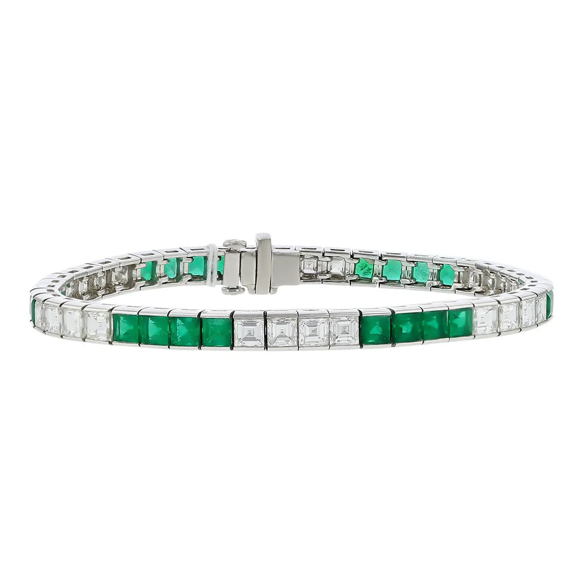 Platinum Square-cut Emerald and Diamond Line Bracelet