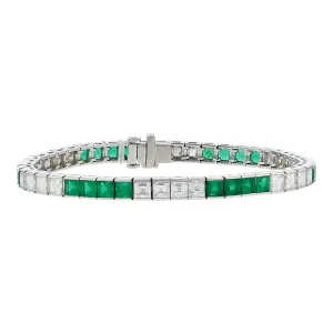Platinum Square-cut Emerald and Diamond Line Bracelet