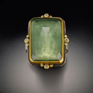Rose Cut Moss Aquamarine Ring with Diamond Trios