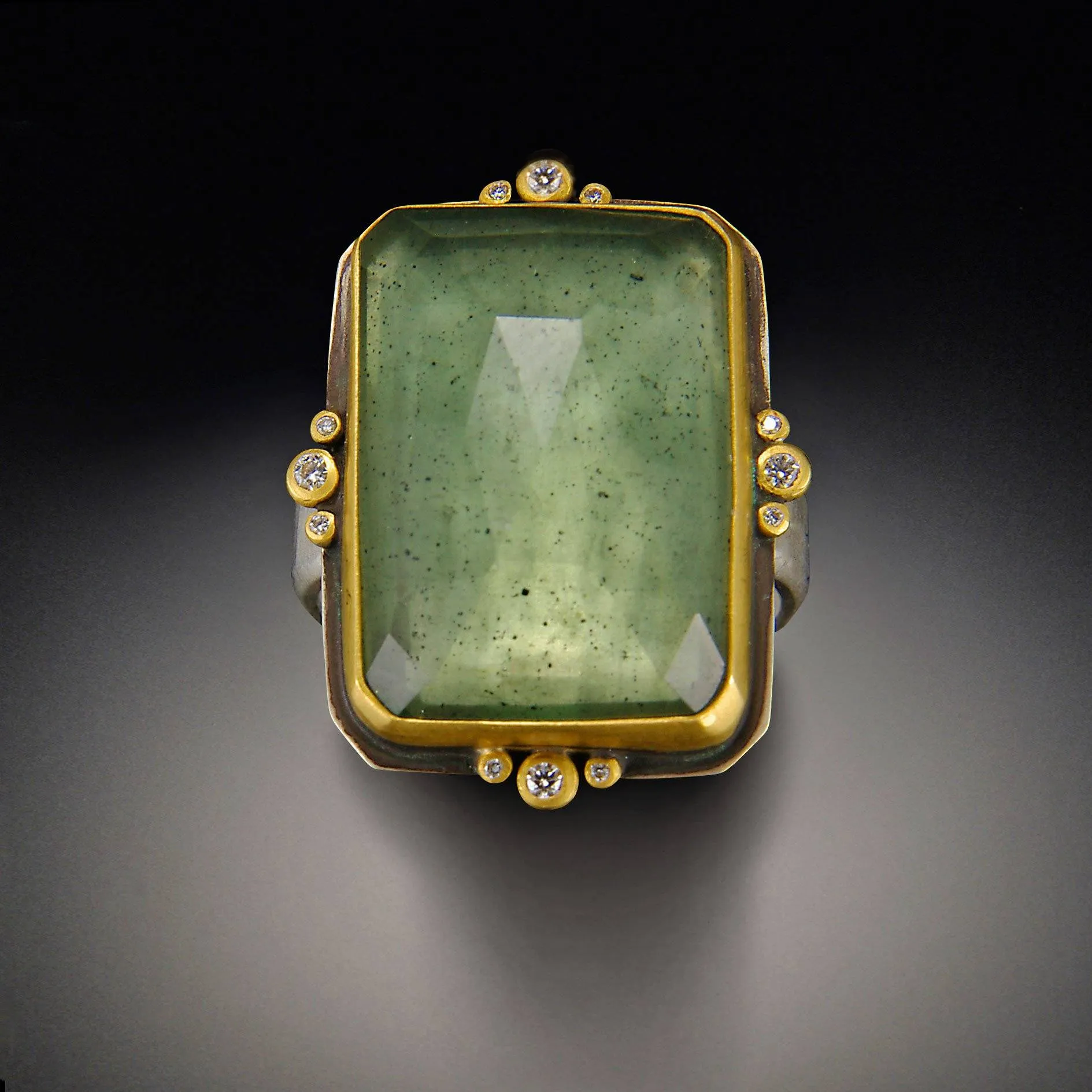 Rose Cut Moss Aquamarine Ring with Diamond Trios