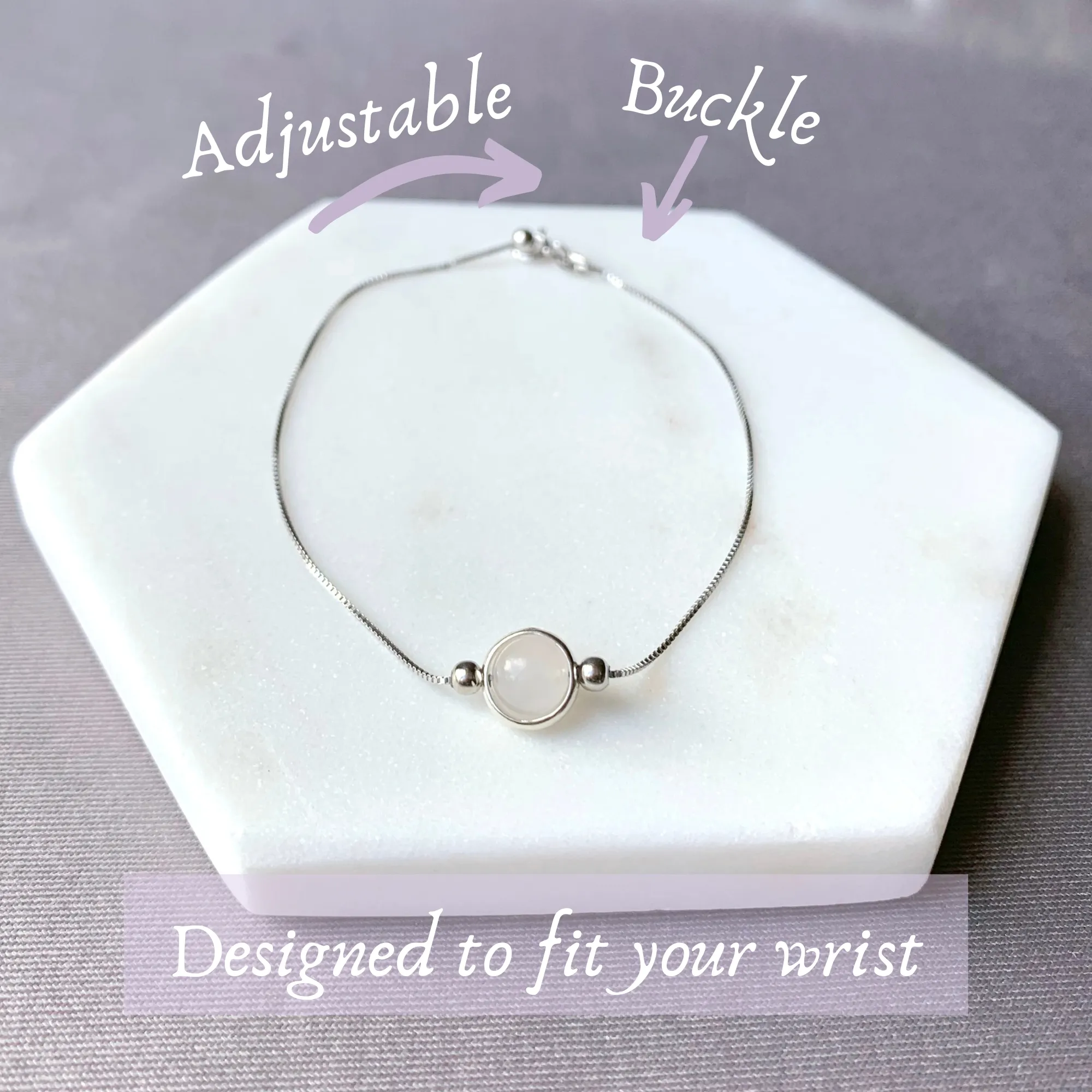 Rose Quartz Round Frame 925 Silver Bracelet (6mm)