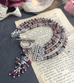 Ruby faceted stone, multi strand, silver bracelet, jewelry