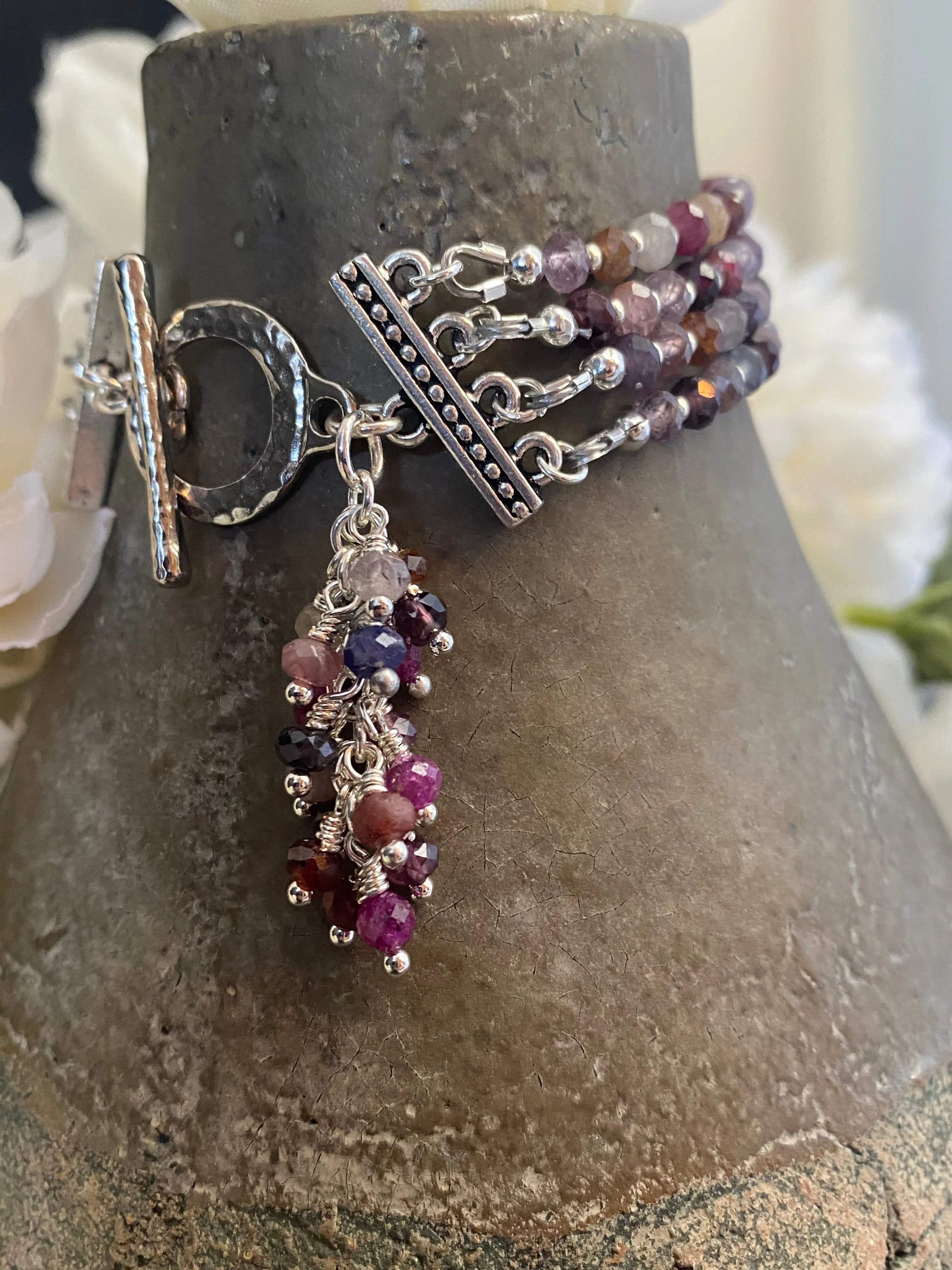 Ruby faceted stone, multi strand, silver bracelet, jewelry