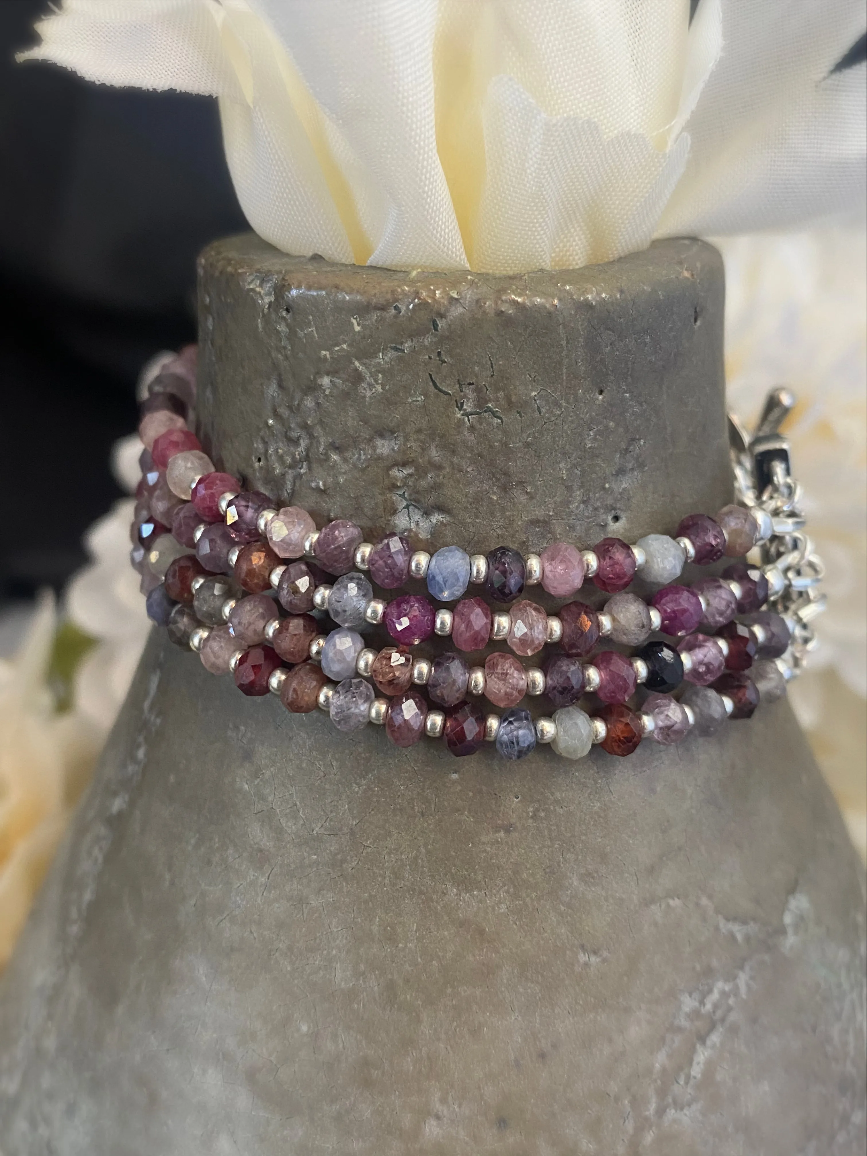 Ruby faceted stone, multi strand, silver bracelet, jewelry