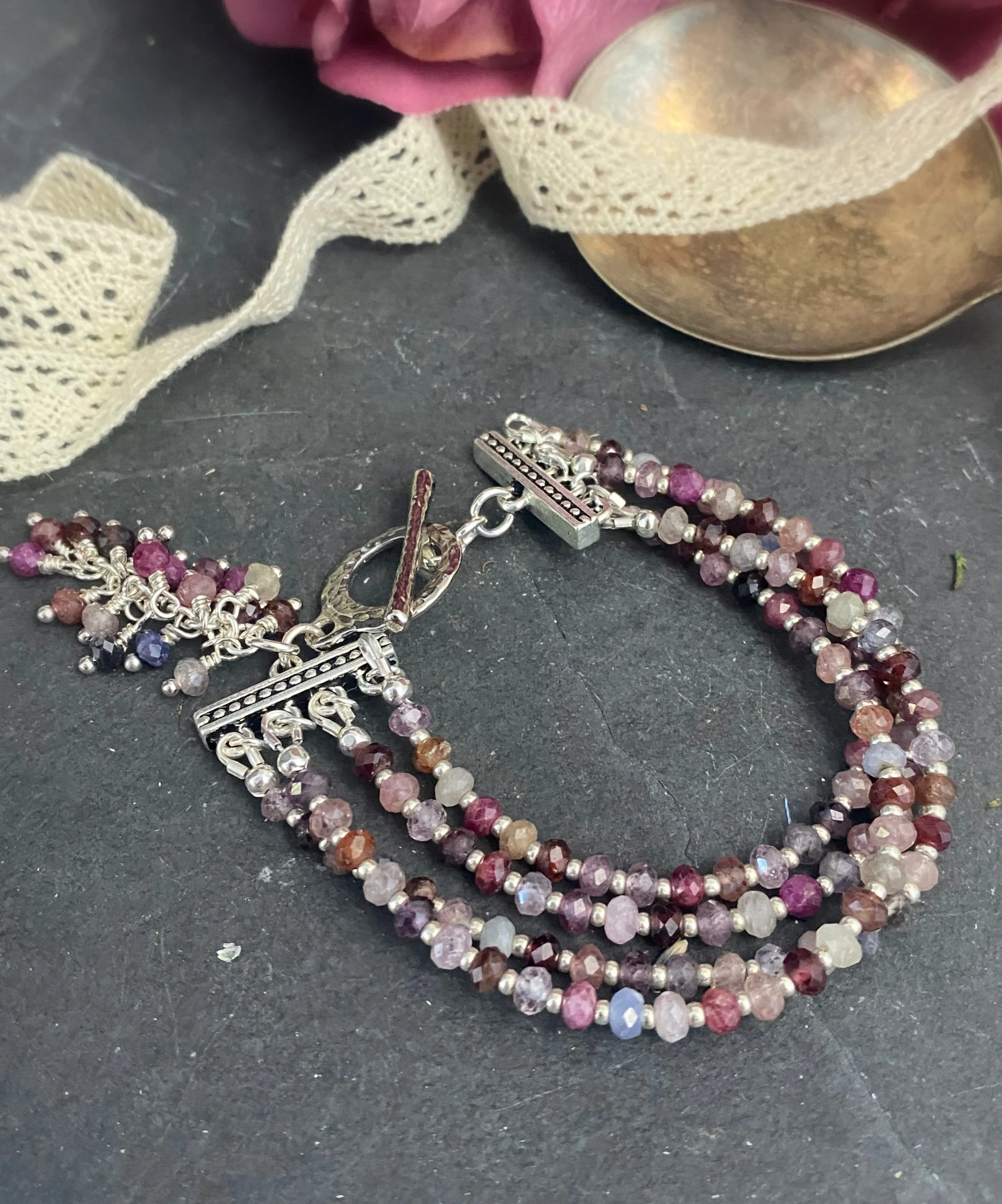 Ruby faceted stone, multi strand, silver bracelet, jewelry
