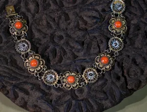 Sicilian Gold-Filled and Silver Bracelet with Coral Inlay