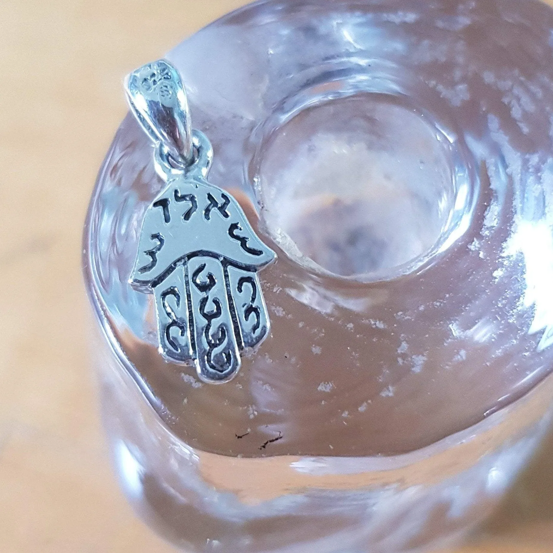 Silver hamsa blue opal 16 mm long