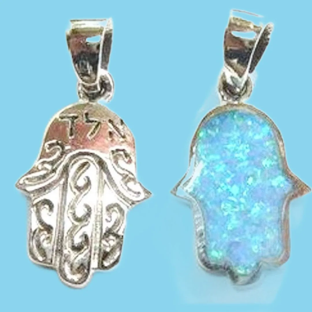 Silver hamsa blue opal 16 mm long