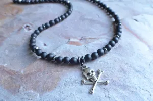 Skull Mens Necklace Beaded Pendant Necklace Matte Black Necklace Gifts For Men - Jolly Roger