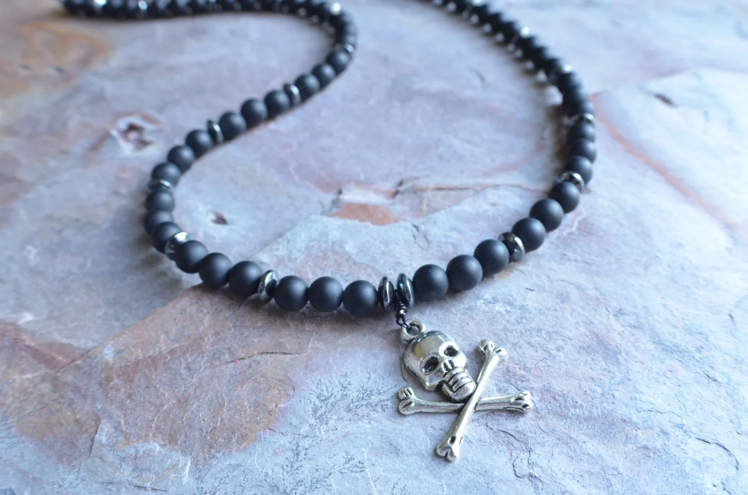 Skull Mens Necklace Beaded Pendant Necklace Matte Black Necklace Gifts For Men - Jolly Roger