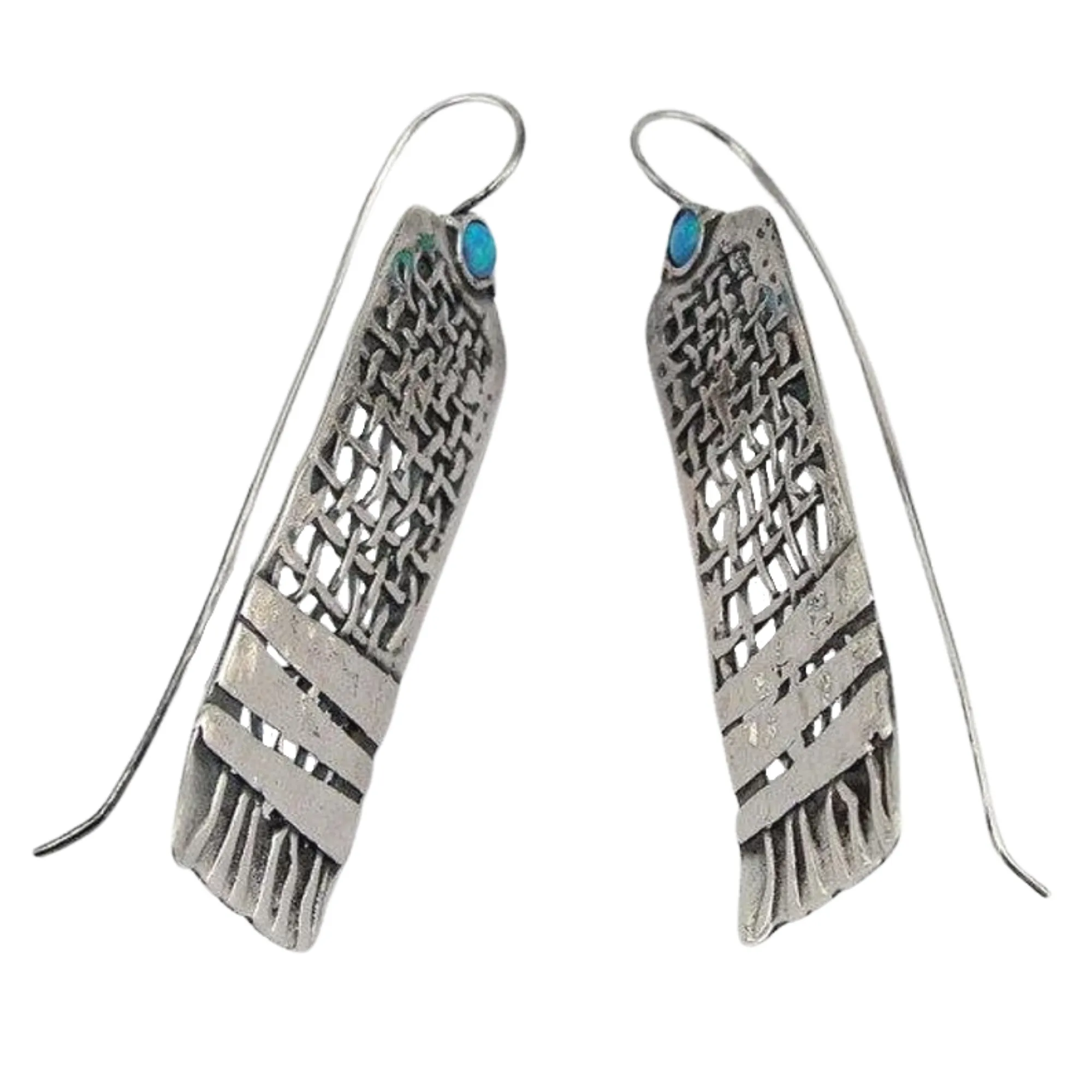 Solid Sterling Silver Net textured Earrings decorated with Mosaic Blue Opal