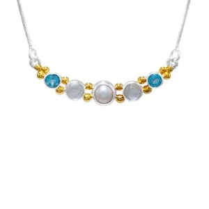 Sterling Silver 22K Gold Vermeil Pearl, Topaz, and Quartz Curved Necklace