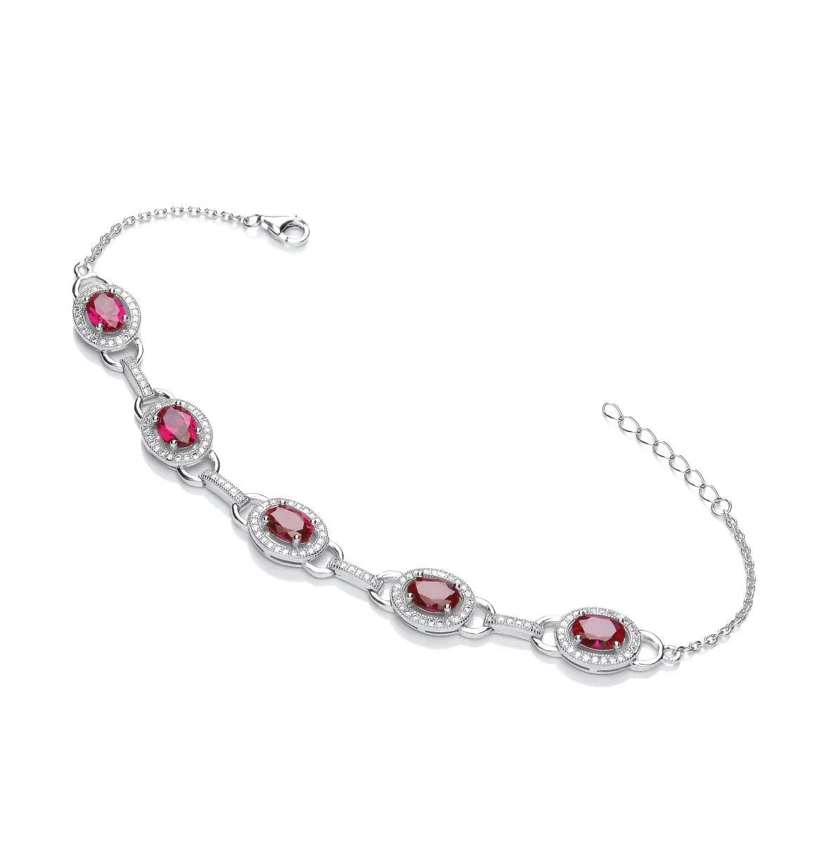 Sterling Silver Ruby CZ Oval Halo Bracelet