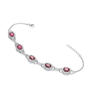 Sterling Silver Ruby CZ Oval Halo Bracelet