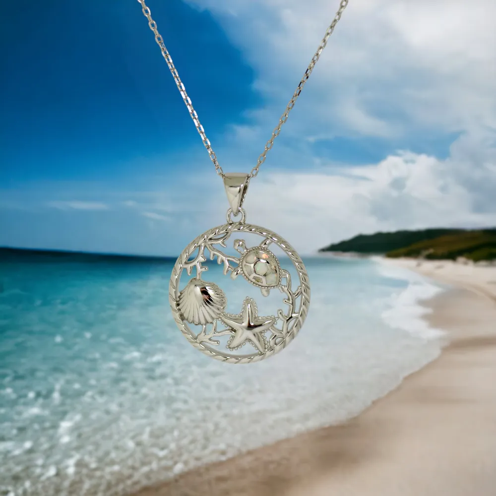 Sterling Silver Sea Life Opal Turtle Starfish Pendant Necklace