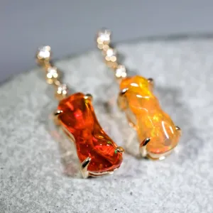 Stunning Diamond Mexican Fire Opal Asymmetric Drop Earrings in 18K Yellow Gold