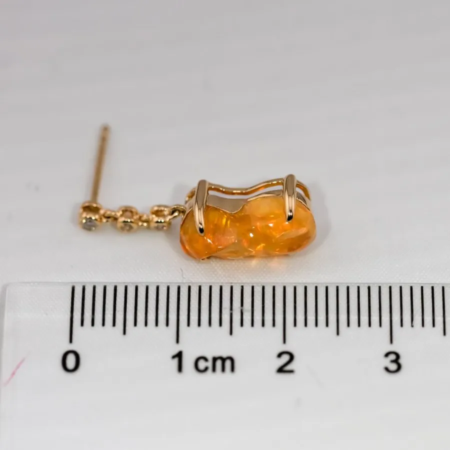 Stunning Diamond Mexican Fire Opal Asymmetric Drop Earrings in 18K Yellow Gold