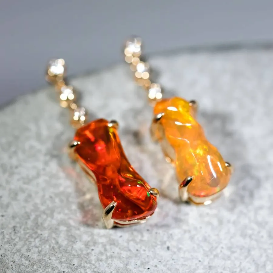 Stunning Diamond Mexican Fire Opal Asymmetric Drop Earrings in 18K Yellow Gold