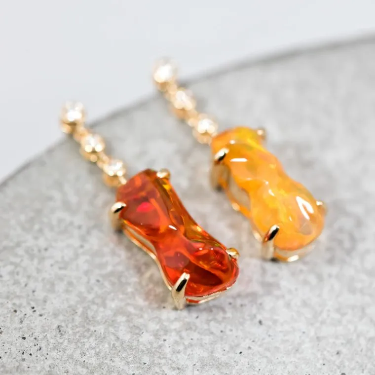 Stunning Diamond Mexican Fire Opal Asymmetric Drop Earrings in 18K Yellow Gold