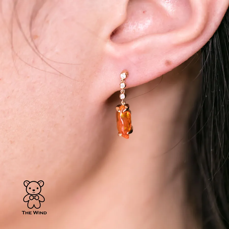 Stunning Diamond Mexican Fire Opal Asymmetric Drop Earrings in 18K Yellow Gold