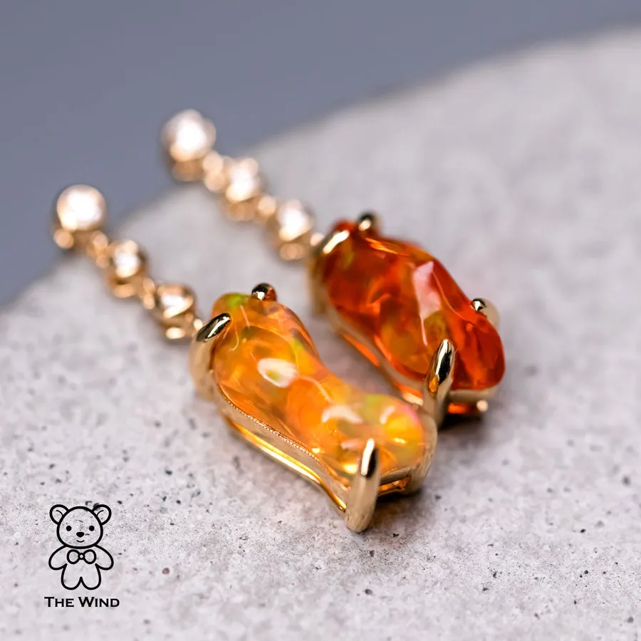 Stunning Diamond Mexican Fire Opal Asymmetric Drop Earrings in 18K Yellow Gold
